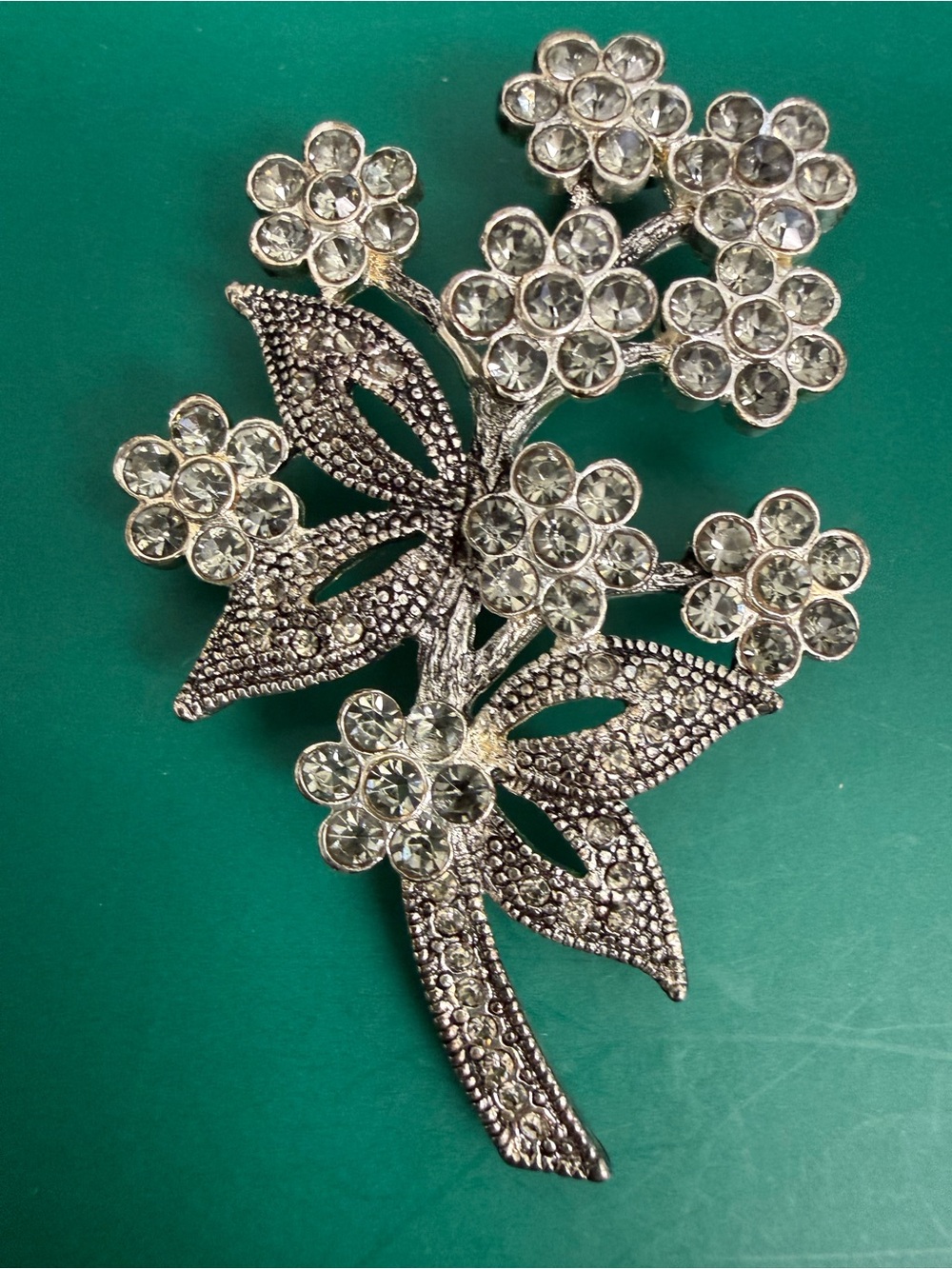 Vintage Silver Tone Rhinestone Floral Brooch /Pin